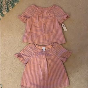 Twin girls matching Frilly sleeve pinstripe shirt